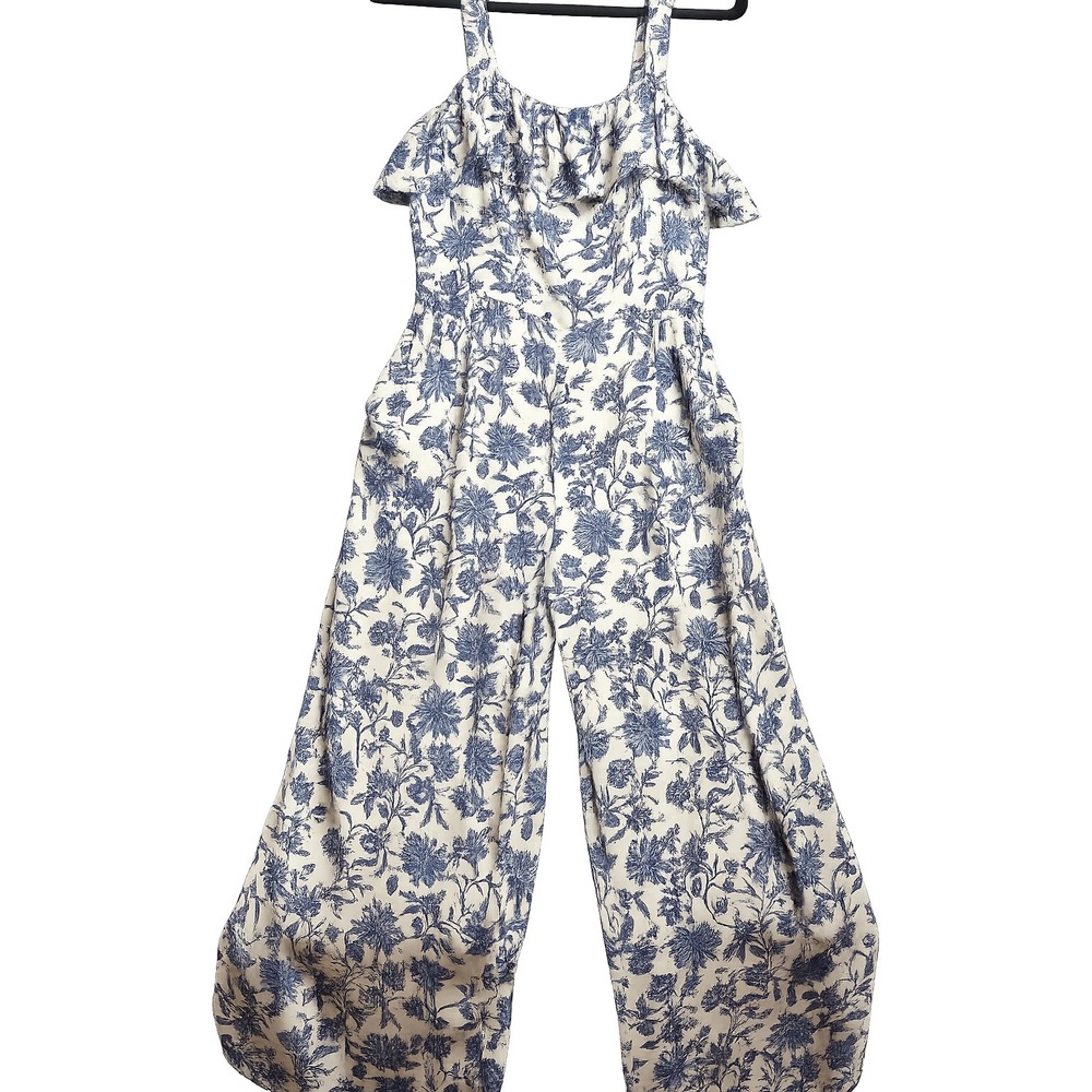 LOFT Women Blue White Floral Toile Wide Leg Ruffle Jumpsuit Size 0 Sleeveless - Picture 2 of 11